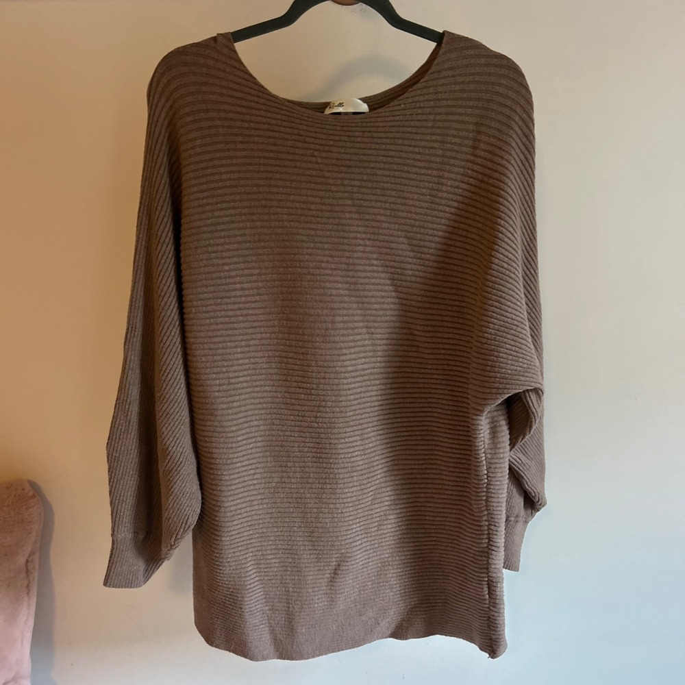 Riella Ribbed Knit Batwing Sleeve Sweater Taupe‎ Brown 1X 62221-X